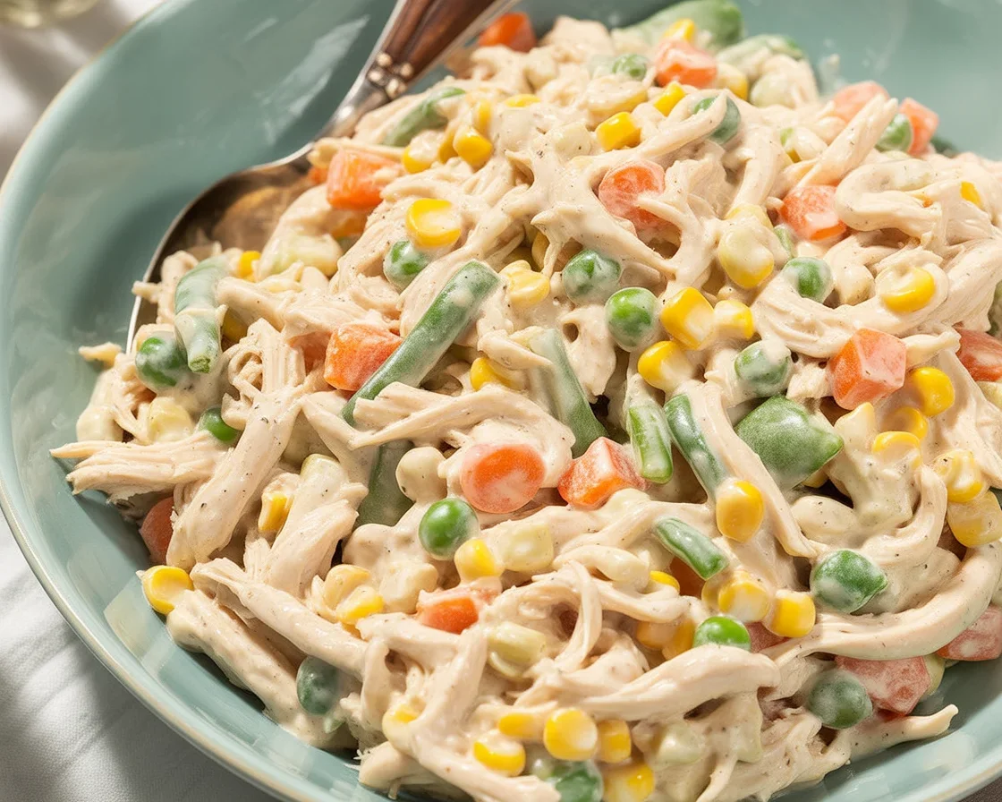 Colorful Mexican chicken salad with avocado, corn, and mixed vegetables served in a bowl.