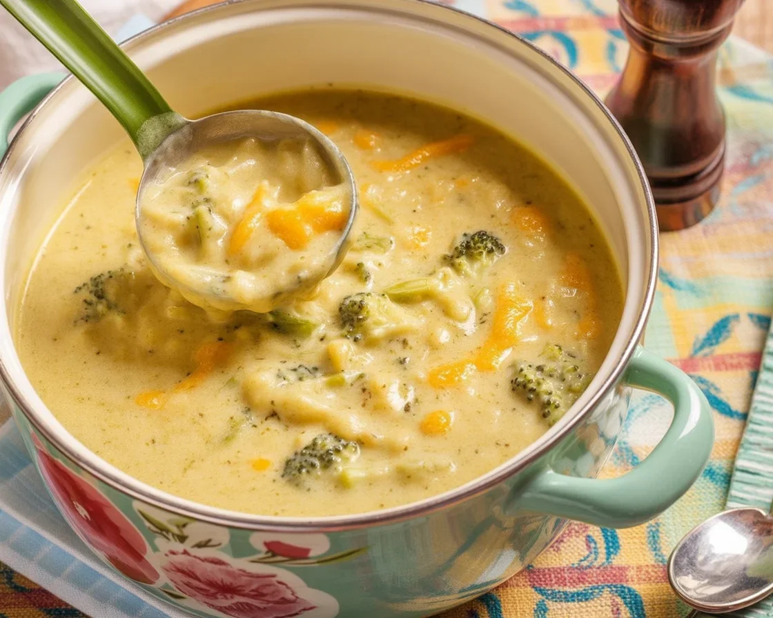 Bowl of creamy Broccoli Cheese Soup topped with cheddar cheese and fresh veggies.