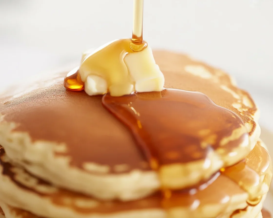 Fluffy pancakes without milk served with syrup and berries on a plate.