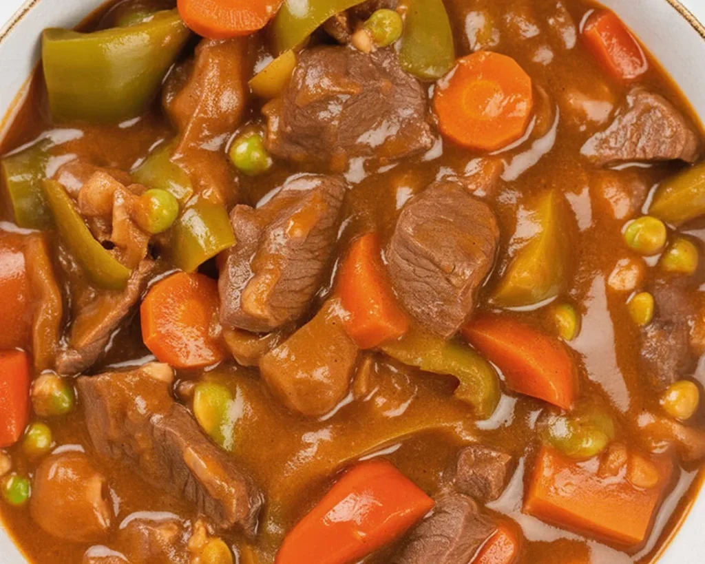 Delicious Beef Caldereta, a Filipino beef stew with tomatoes, veggies, and spices.