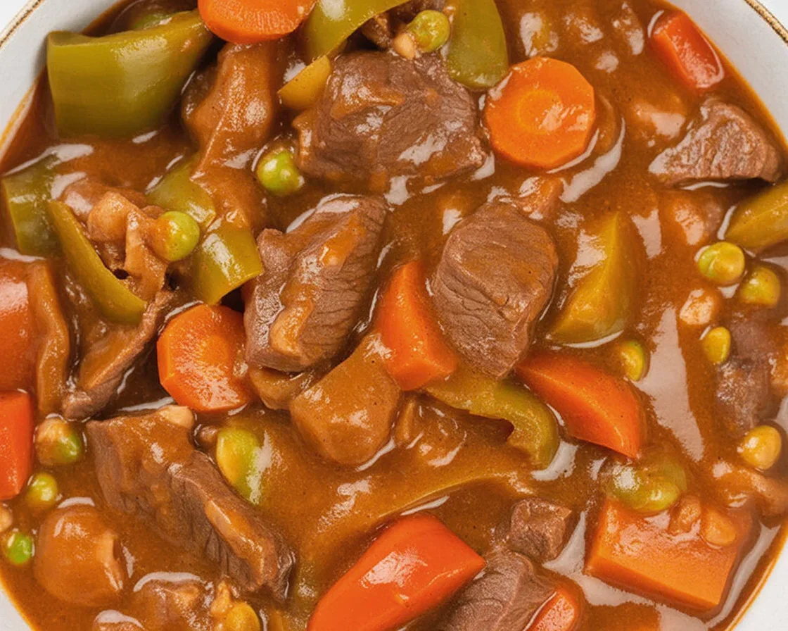 Delicious Beef Caldereta, a Filipino beef stew with tomatoes, veggies, and spices.