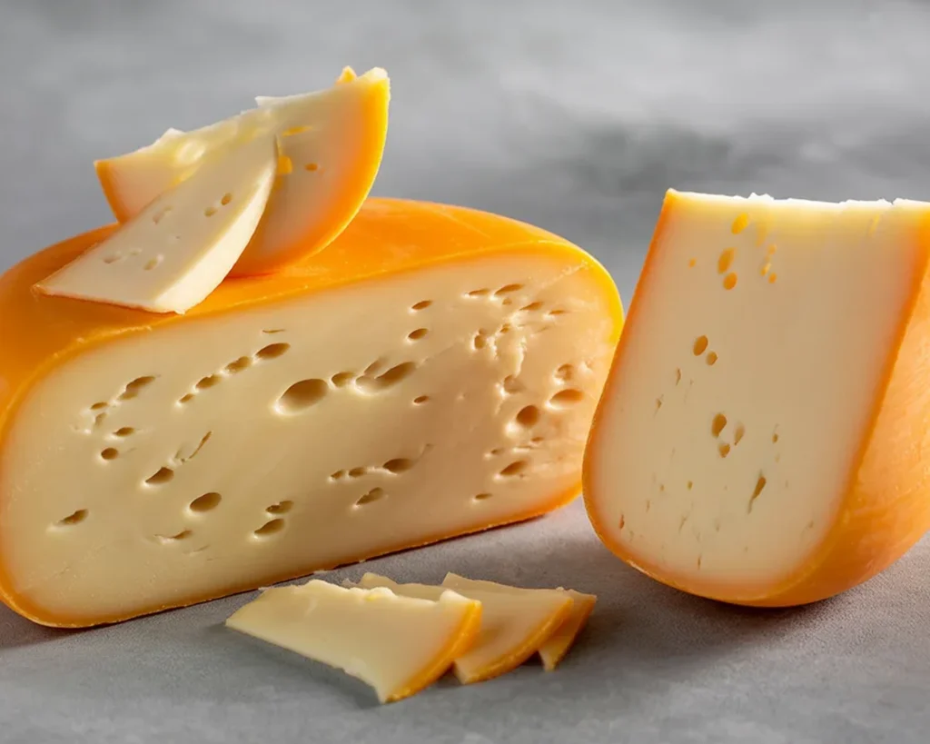 Creamy Gouda cheese on a wooden board, showcasing its rich, buttery texture.