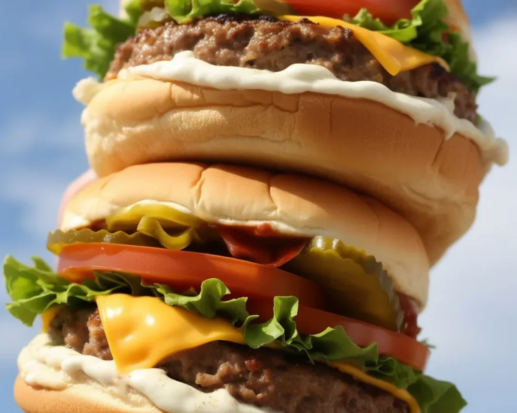 Juicy wagyu beef burger with toppings on a wooden table.