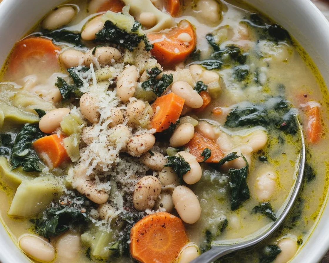 Bowl of creamy Italian white bean soup with spinach and lemon.