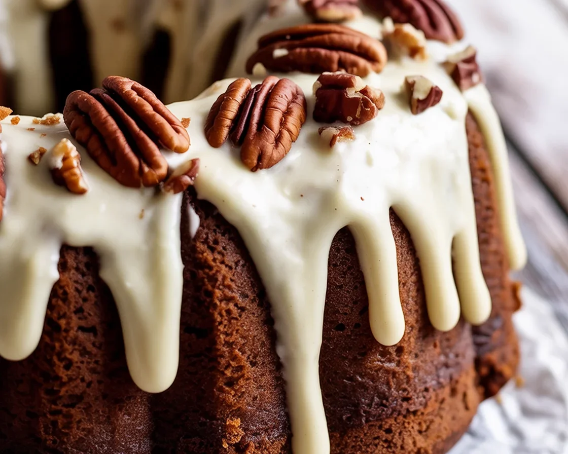 Delicious cream cheese glaze drizzled over a cake, adding a tangy sweetness.