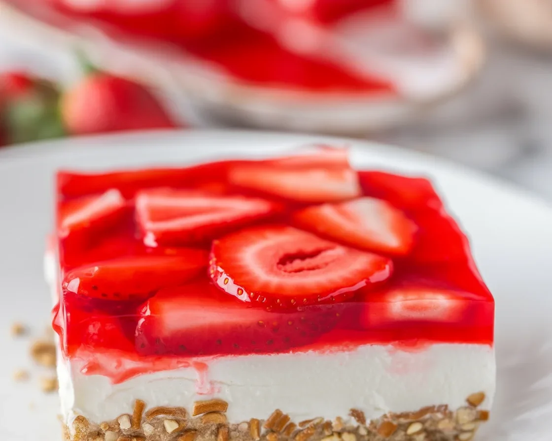 Delicious Strawberry Pretzel Salad with a buttery crust and creamy cheese filling.