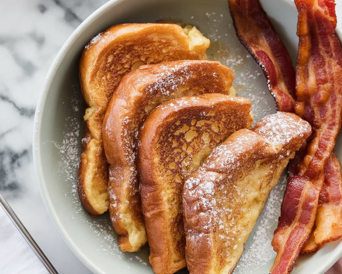 Delicious fluffy French toast served with butter and syrup on a breakfast plate.