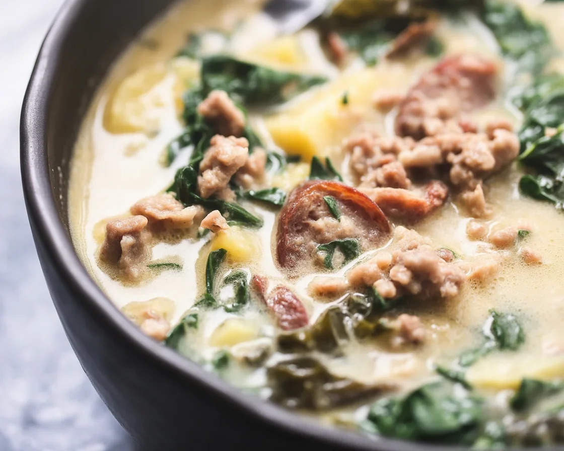 Delicious Zuppa Toscana soup with Italian sausage, potatoes, and kale in a creamy broth.