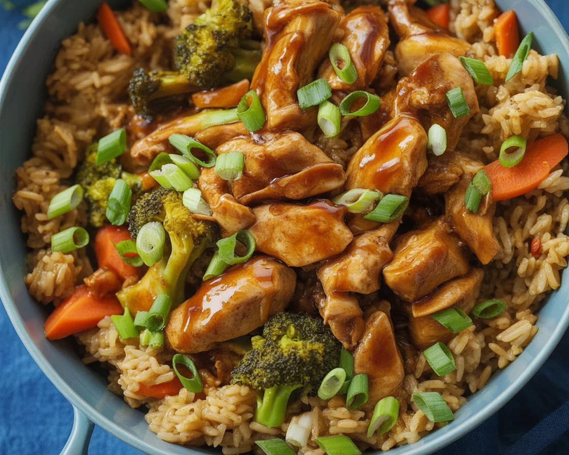 Delicious teriyaki chicken and rice bowl with veggies and homemade sauce