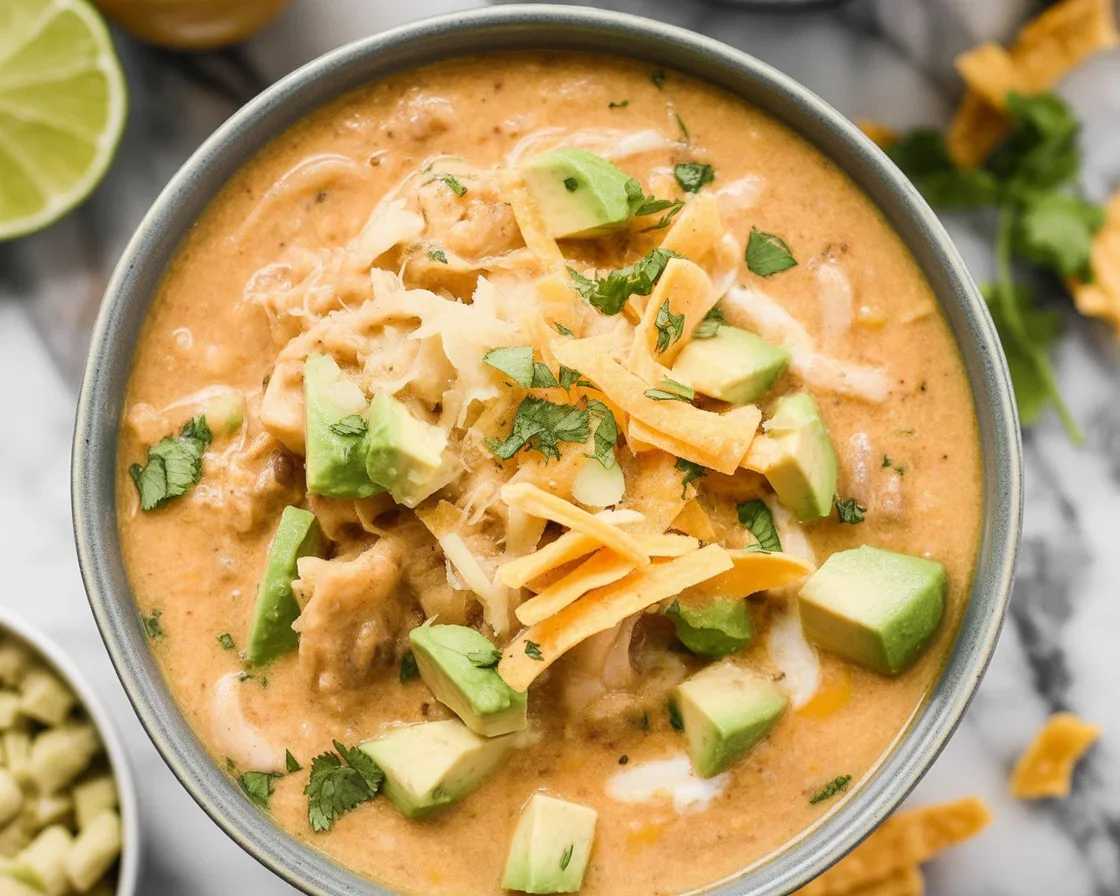 Delicious bowl of creamy White Chicken Chili with beans and shredded chicken.