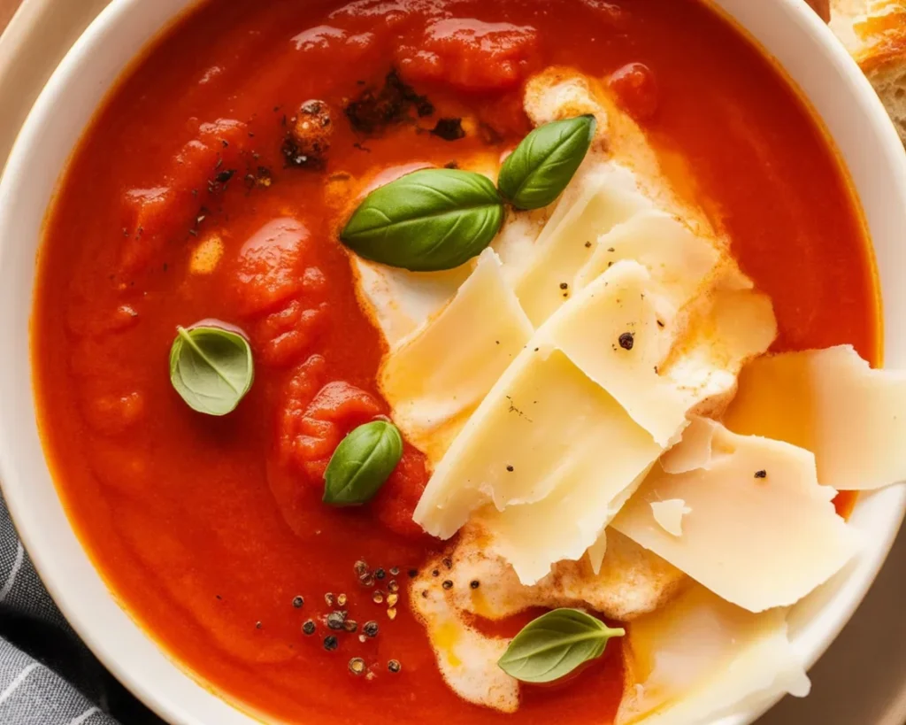 Bowl of hearty tomato florentine soup with spinach and pasta.