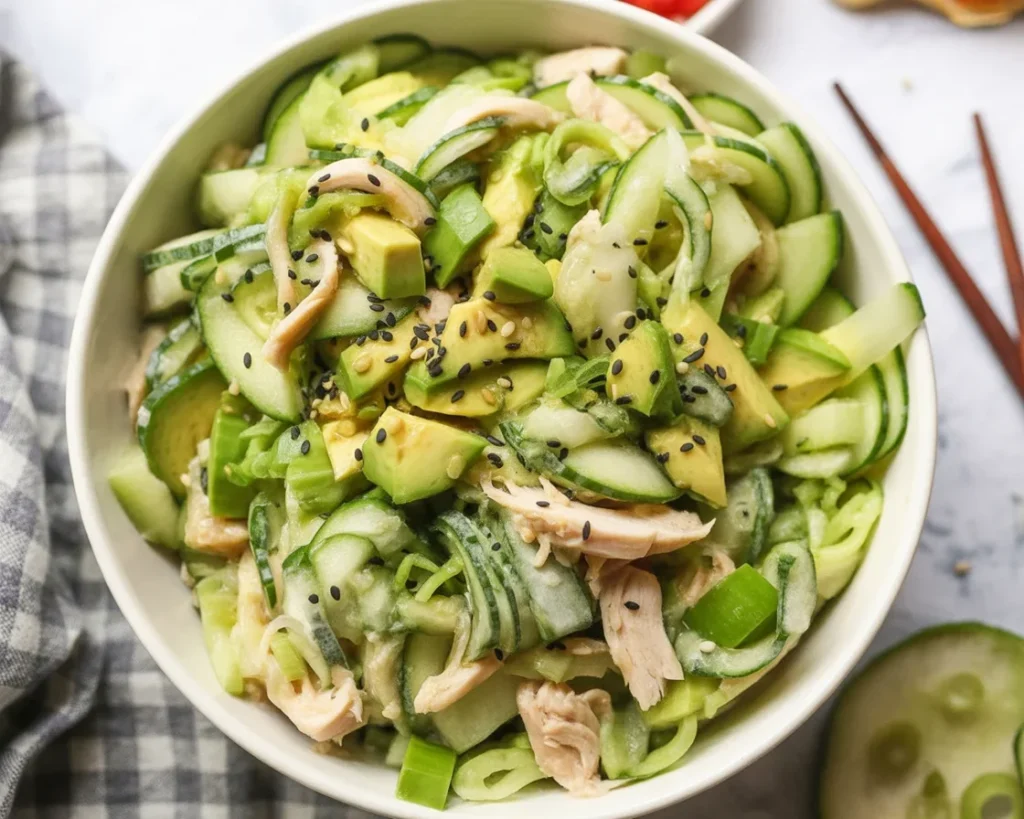 Delicious California Roll Cucumber Salad with cucumbers, imitation crab, and avocado.
