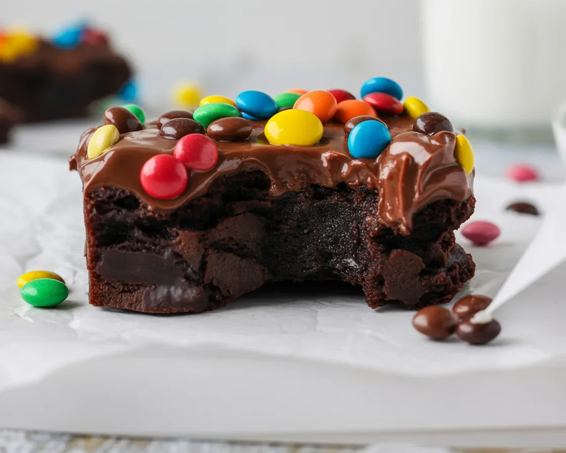 Delicious fudgy M&M brownies topped with colorful M&Ms and a chocolate drizzle.
