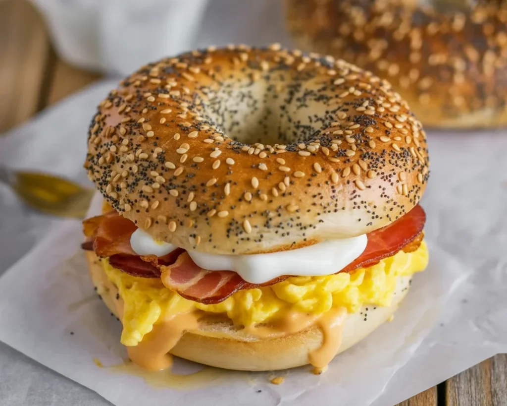 Delicious breakfast bagel with fried egg, crispy bacon, and creamy cheese on a toasted bagel.