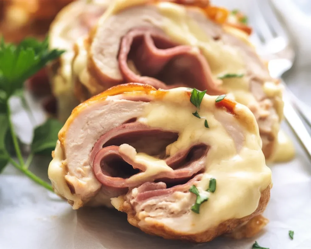Creamy chicken cordon bleu sauce drizzled over stuffed chicken with ham and cheese.