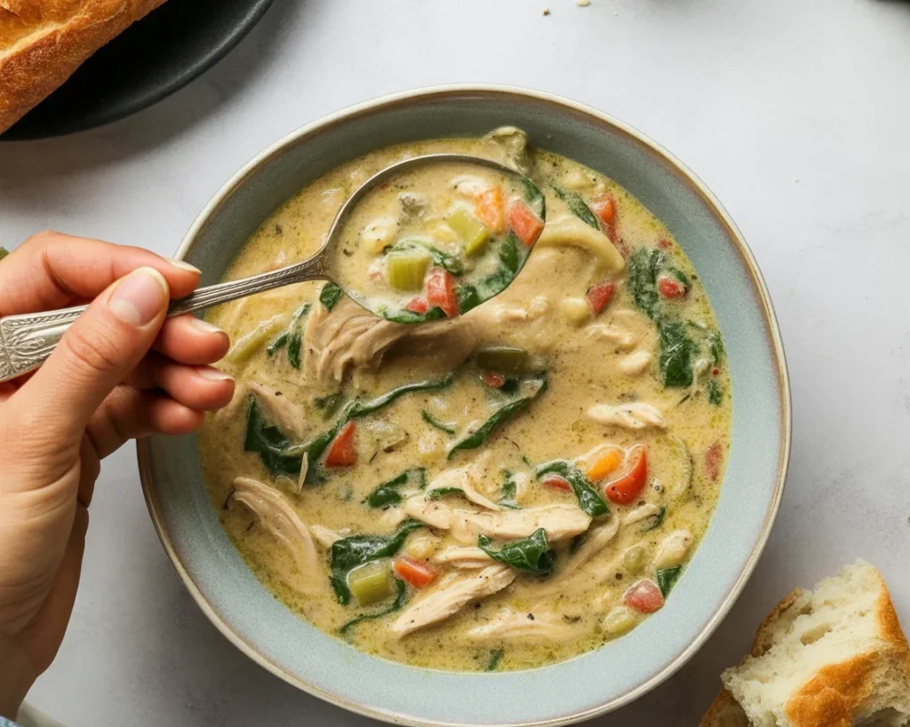 Creamy Tuscan chicken soup with pasta, spinach, and sun-dried tomatoes in a savory broth.