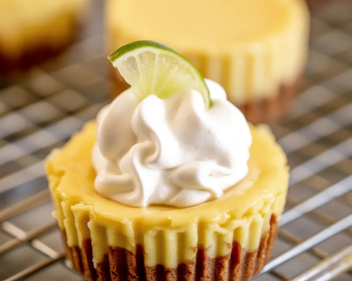 Mini Key Lime Pies with graham cracker crust and whipped cream topping.