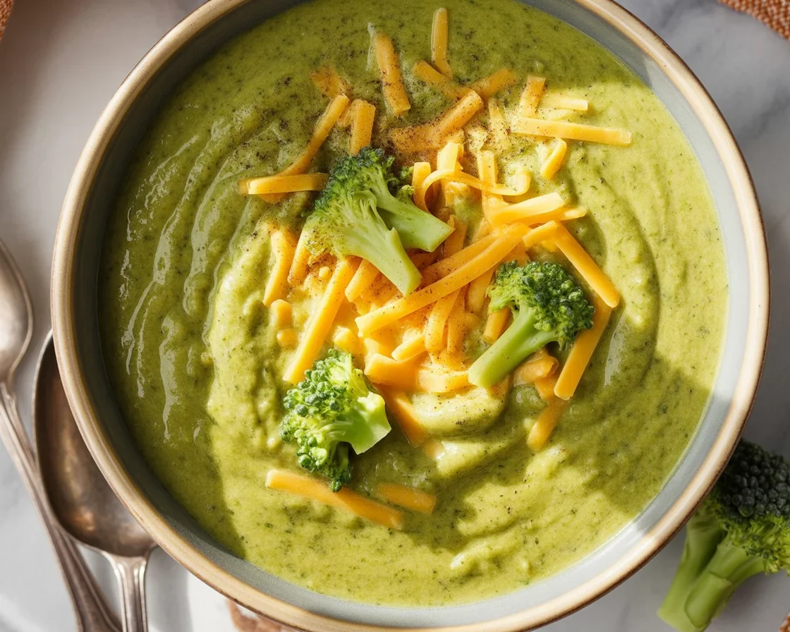 Bowl of healthy broccoli cheddar soup topped with shredded cheese and fresh herbs.