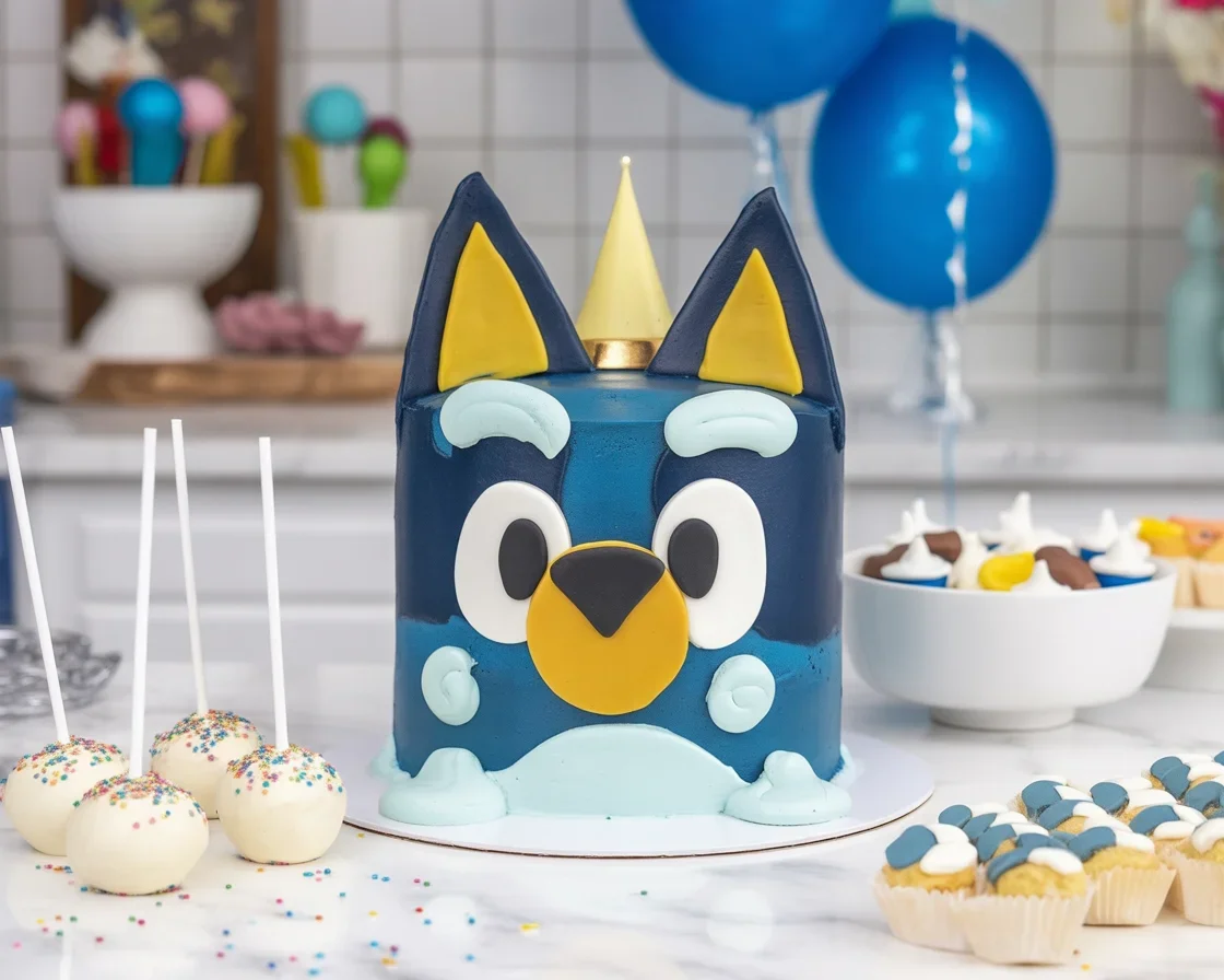 Colorful Bluey birthday cake with fun decorations for kids' celebrations.