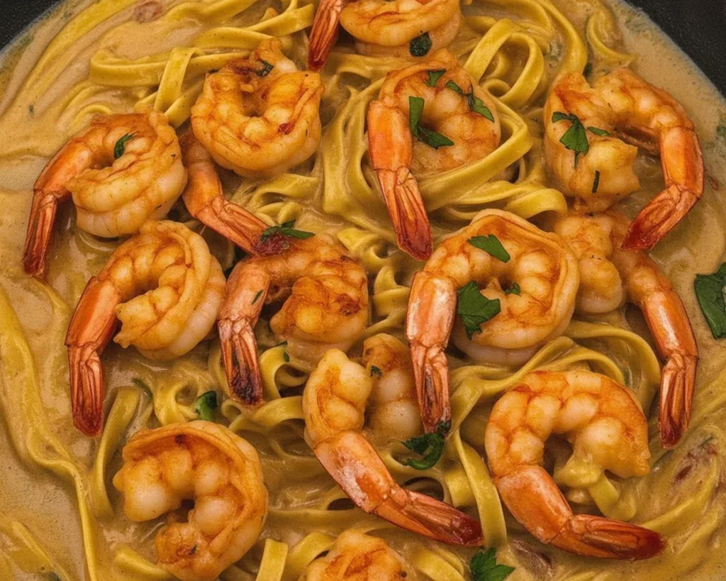 Delicious Cajun shrimp alfredo pasta served in a bowl with garnishes.