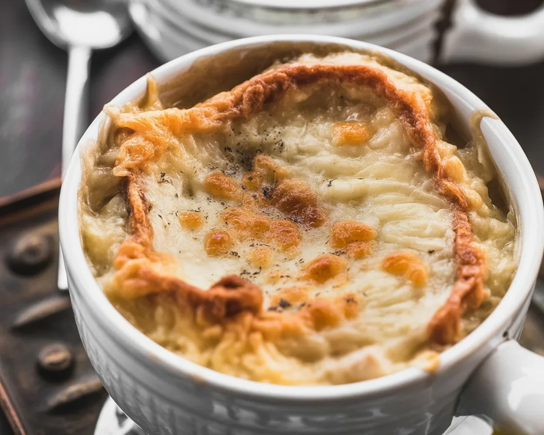 Bowl of crockpot French onion soup topped with melted cheese and crusty bread