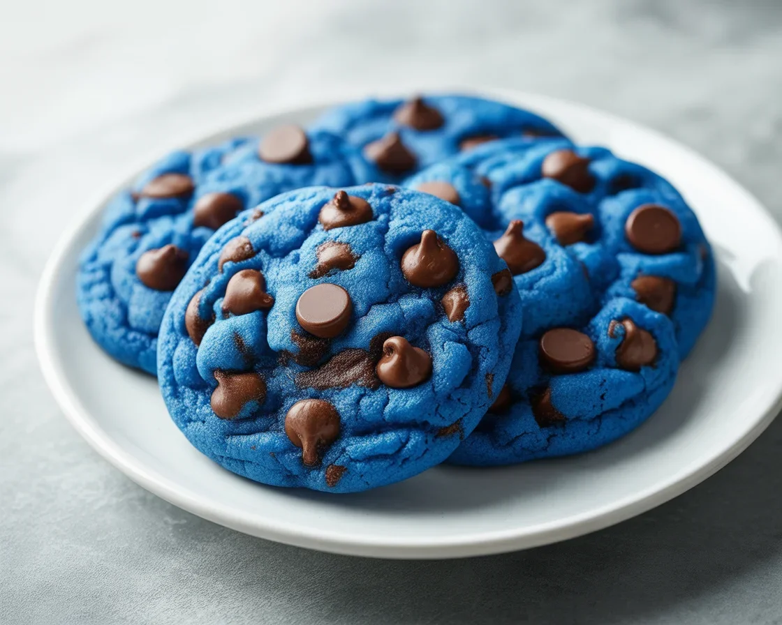 Percy Jackson's blue chocolate chip cookies recipe featuring vibrant blue color and chocolate chips.