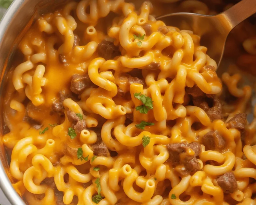 Homemade Beefaroni with ground beef, macaroni, and tomato sauce topped with cheese.