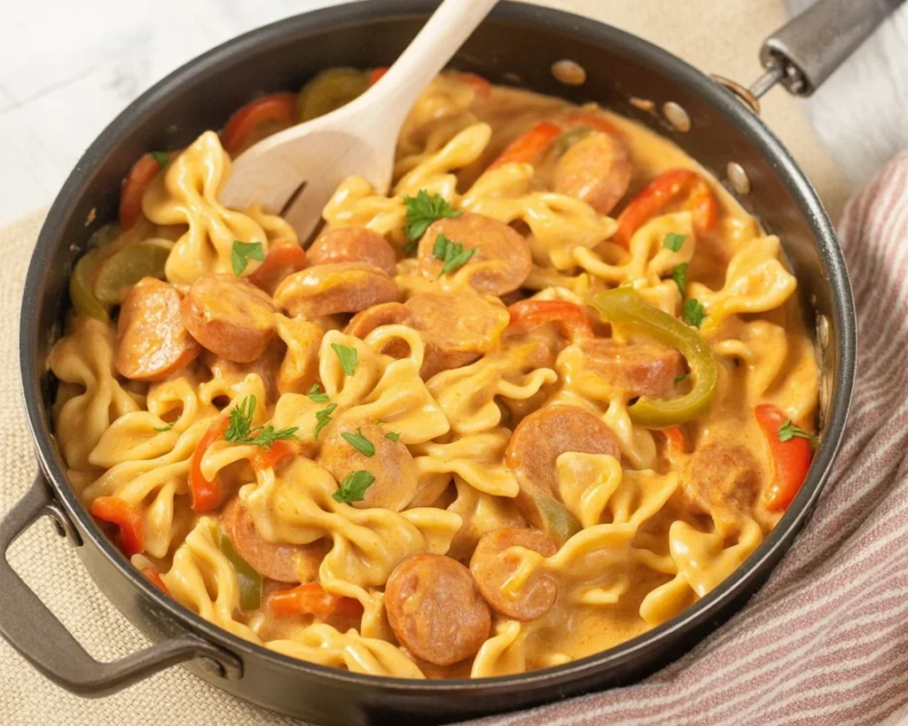 Delicious One Pot Creamy Cajun Sausage Pasta served in a bowl with fresh herbs.