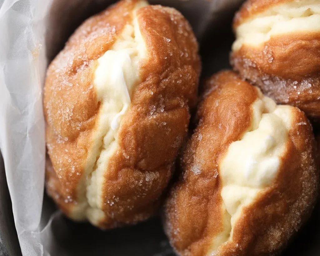Fluffy Bavarian cream donuts filled with creamy vanilla pastry cream and rolled in sugar.