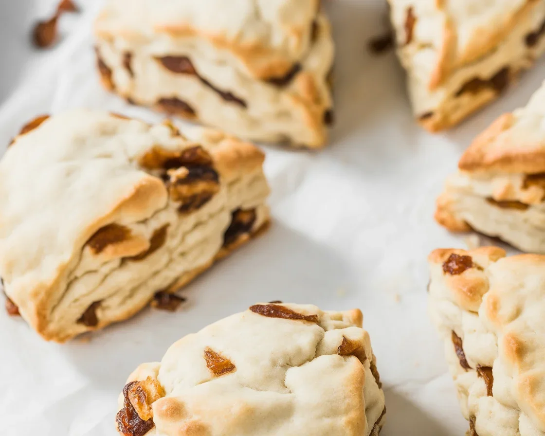 Freshly baked vanilla date scones with golden tops and chopped dates.