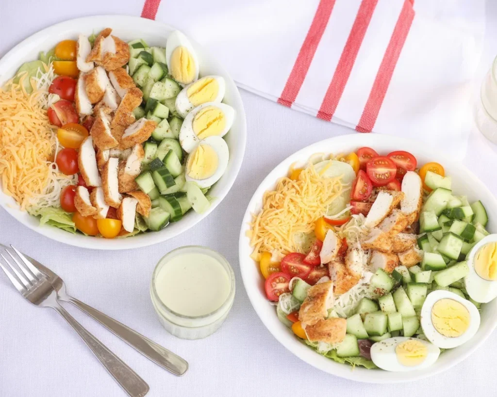 Easy Cobb salad with chicken, bacon, avocado, and homemade dressing on a plate.