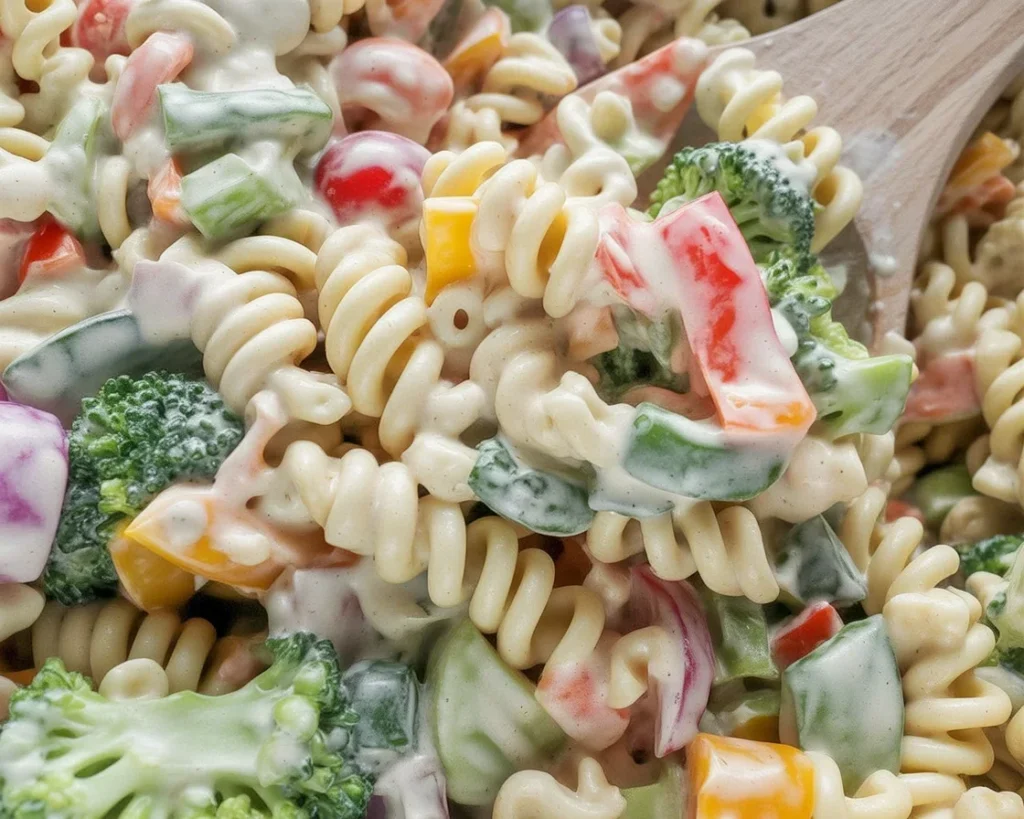 Creamy ranch pasta salad with tri-color pasta, fresh veggies, and crispy bacon.