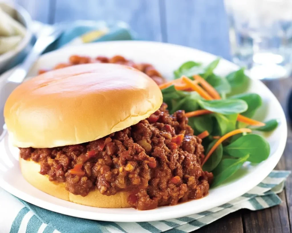 Plate of easy homemade sloppy joes with ground beef and tangy sauce