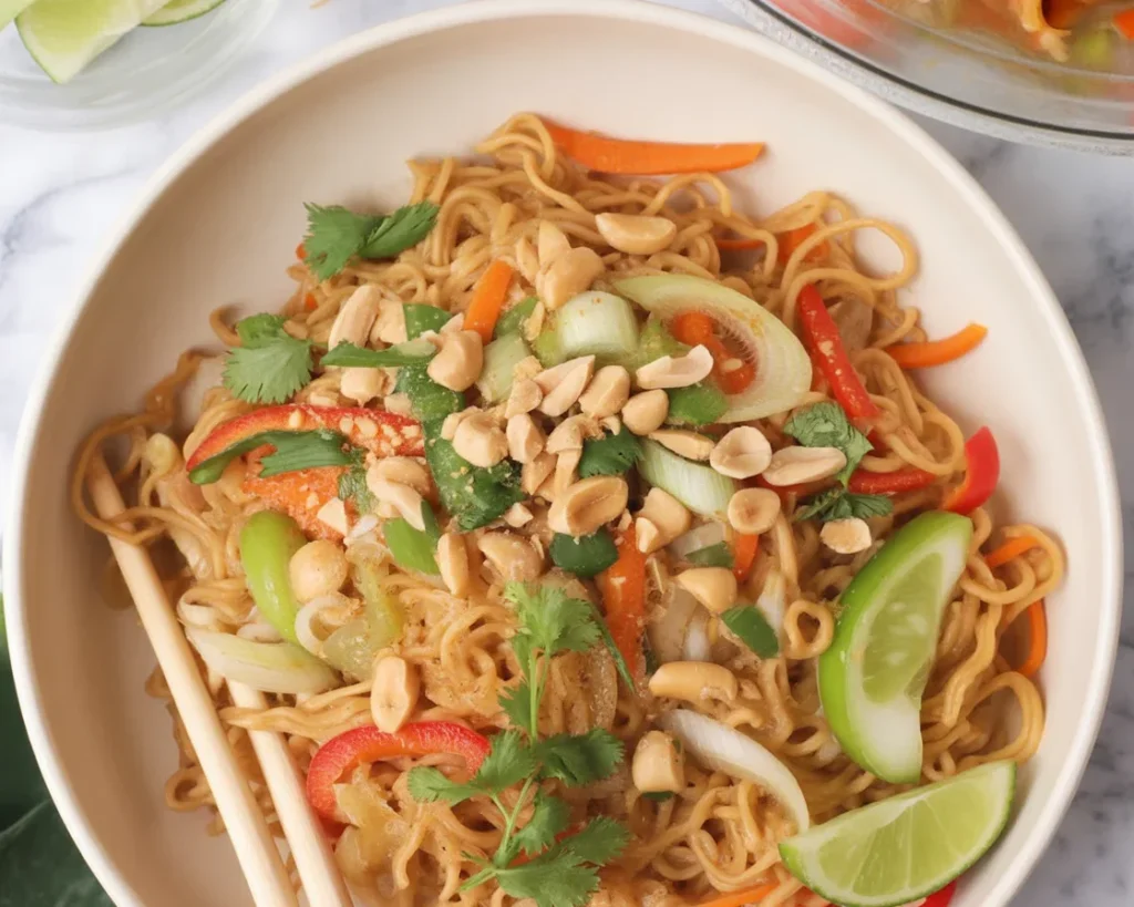 Colorful Asian Noodle Salad with fresh vegetables and creamy peanut dressing