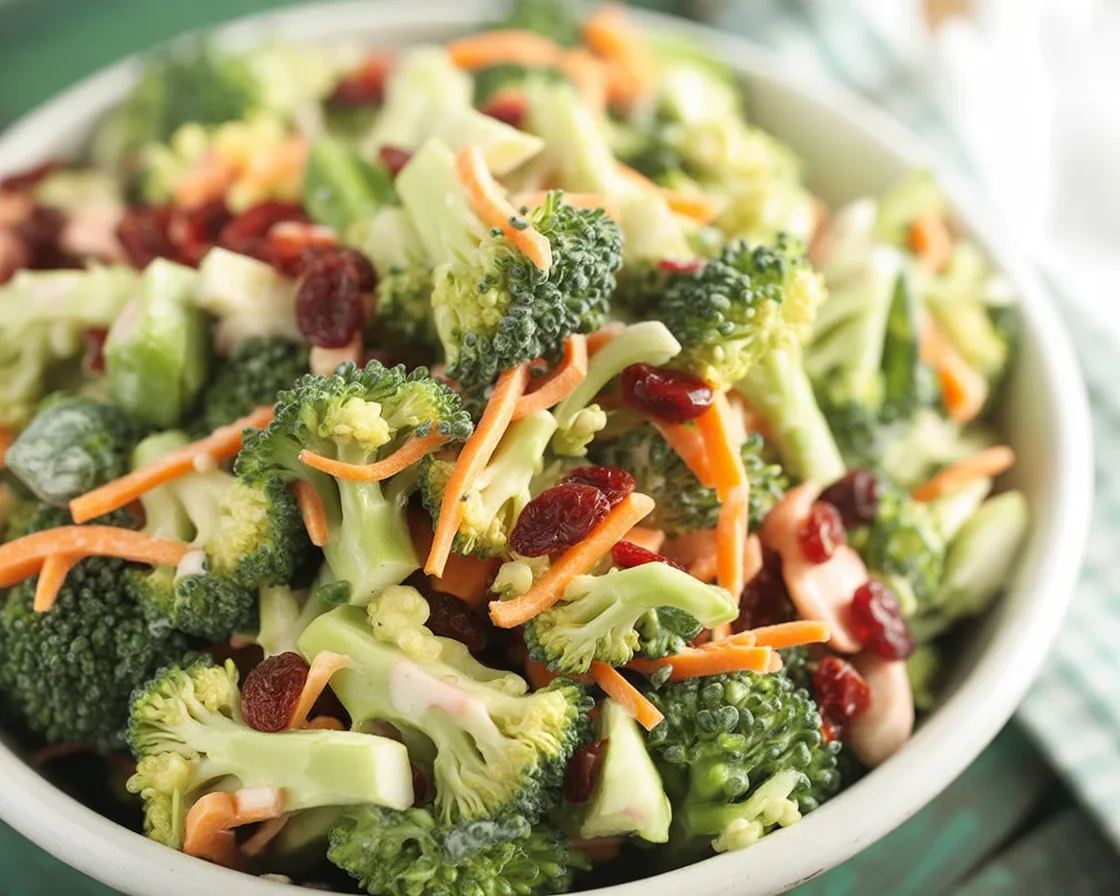 Delicious homemade broccoli salad with cranberries and sunflower seeds