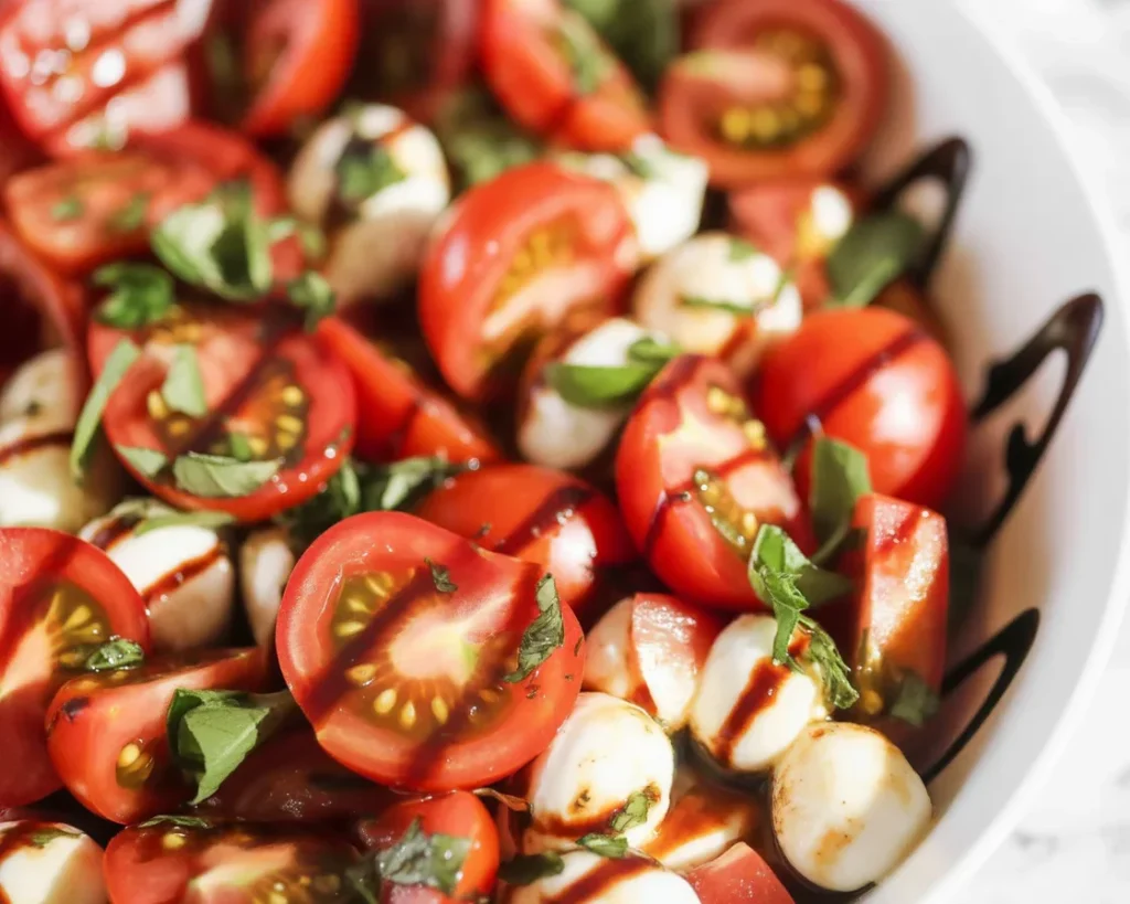 Fresh Caprese salad with tomatoes, mozzarella, basil, and olive oil.