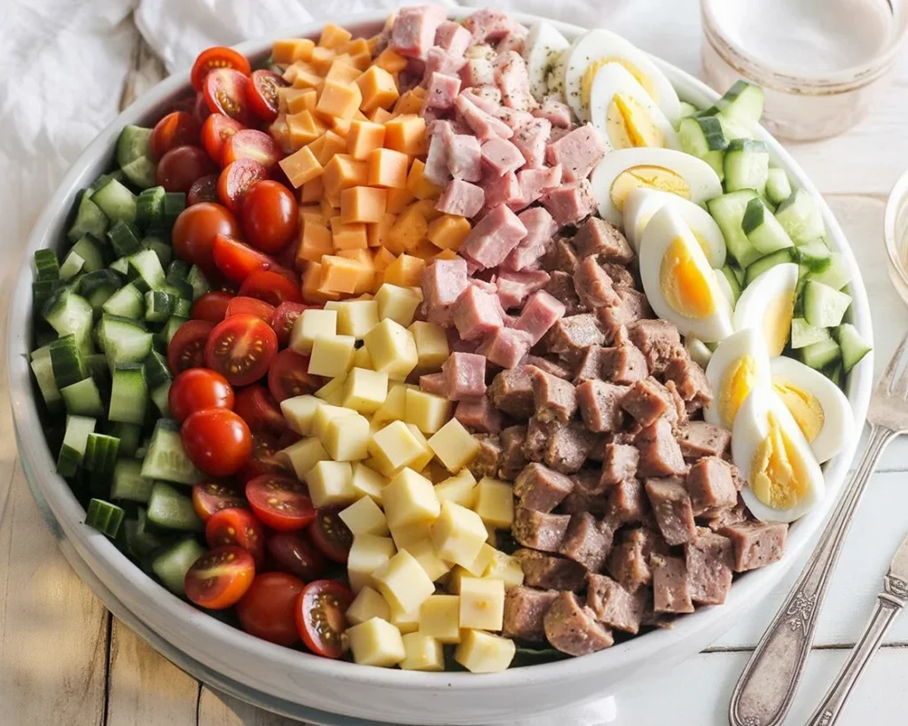 Classic chef salad with greens, meats, cheeses, and vegetables served with dressing.