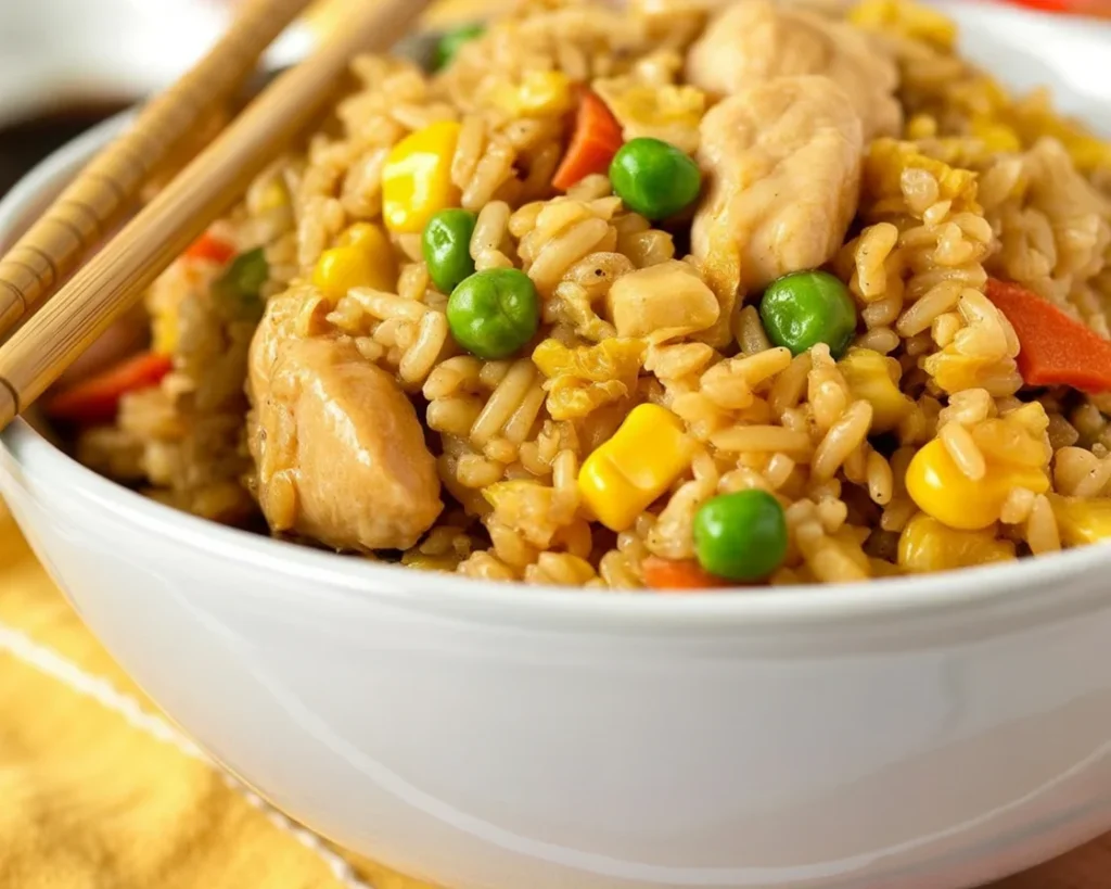 Delicious bowl of easy chicken fried rice with vegetables and scrambled eggs.