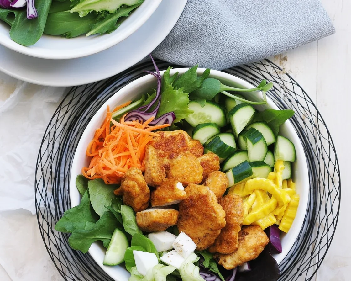 Delicious Chicken Nugget Salad with air-fried nuggets, fresh vegetables, and Buffalo sauce.