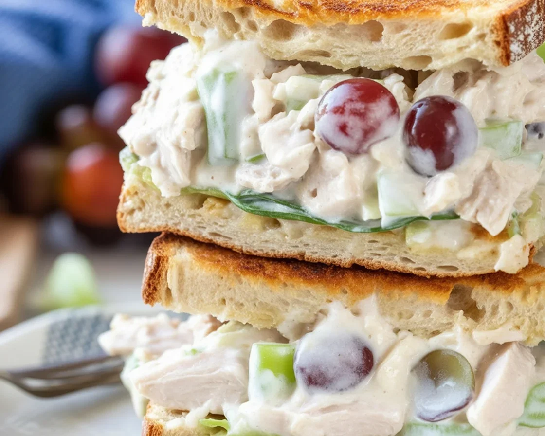 Classic chicken salad sandwich with tender chicken, celery, and creamy dressing on toasted bread.