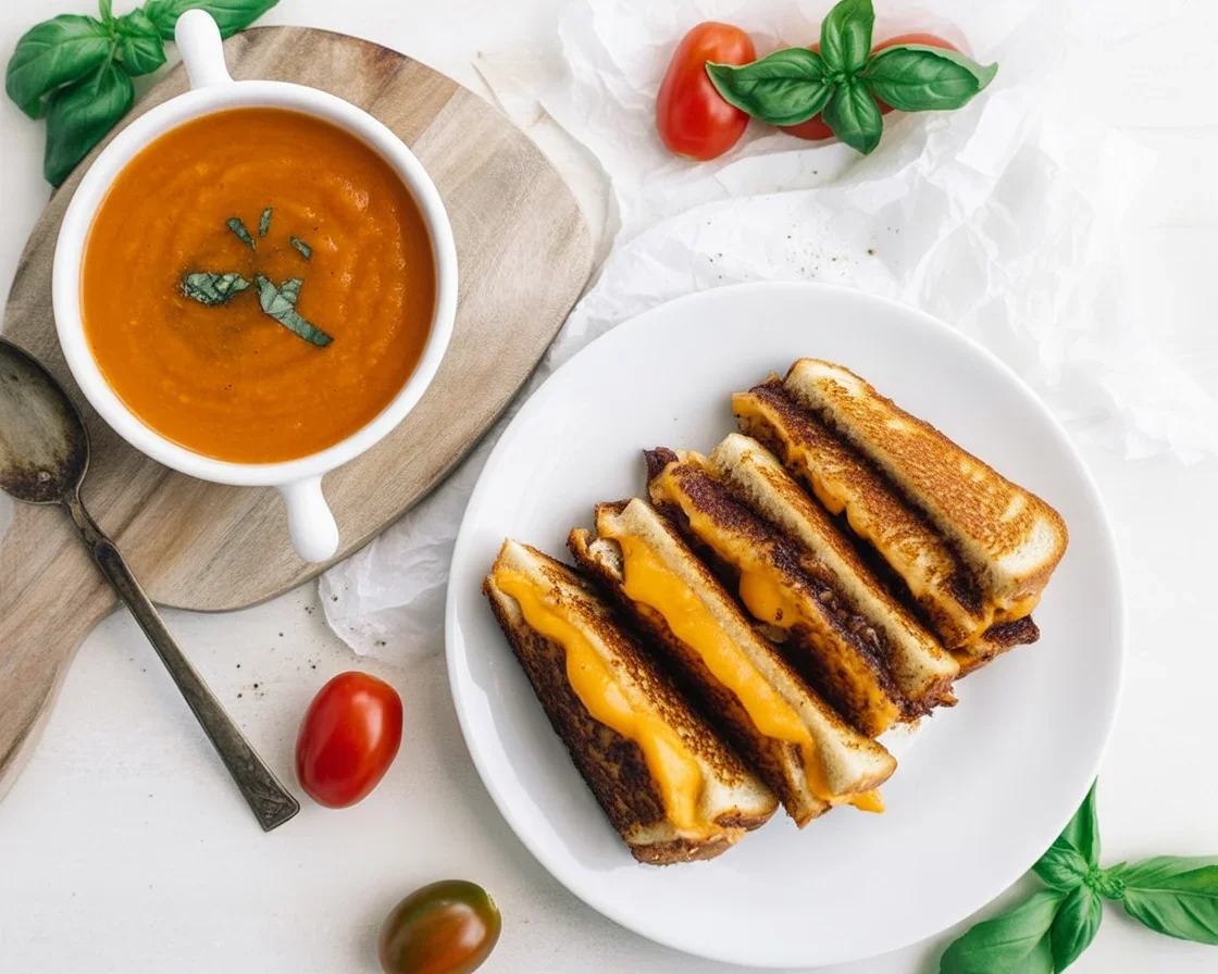 A delicious bowl of grilled cheese and tomato soup, showcasing creamy soup and cheesy sandwiches.