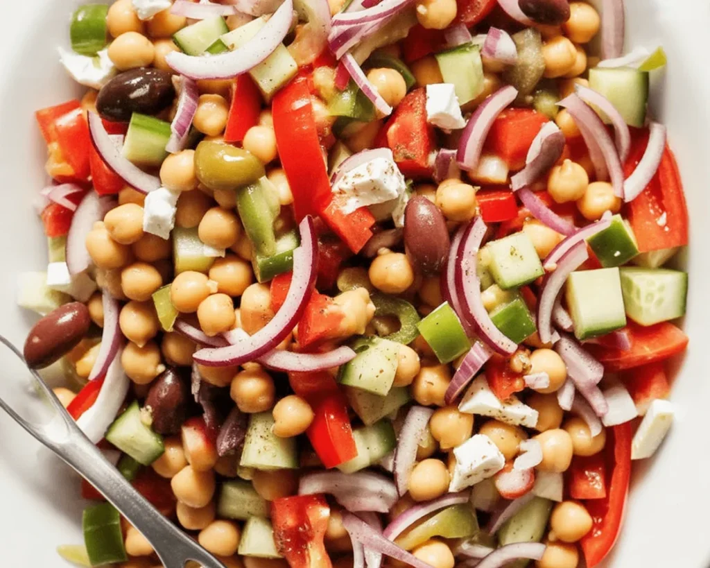 Vibrant Mediterranean chickpea salad with fresh vegetables and feta cheese.