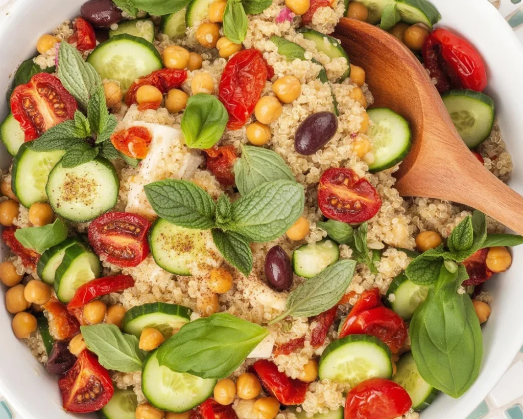 Mediterranean quinoa salad with fresh vegetables, feta cheese, and olives in a bowl.