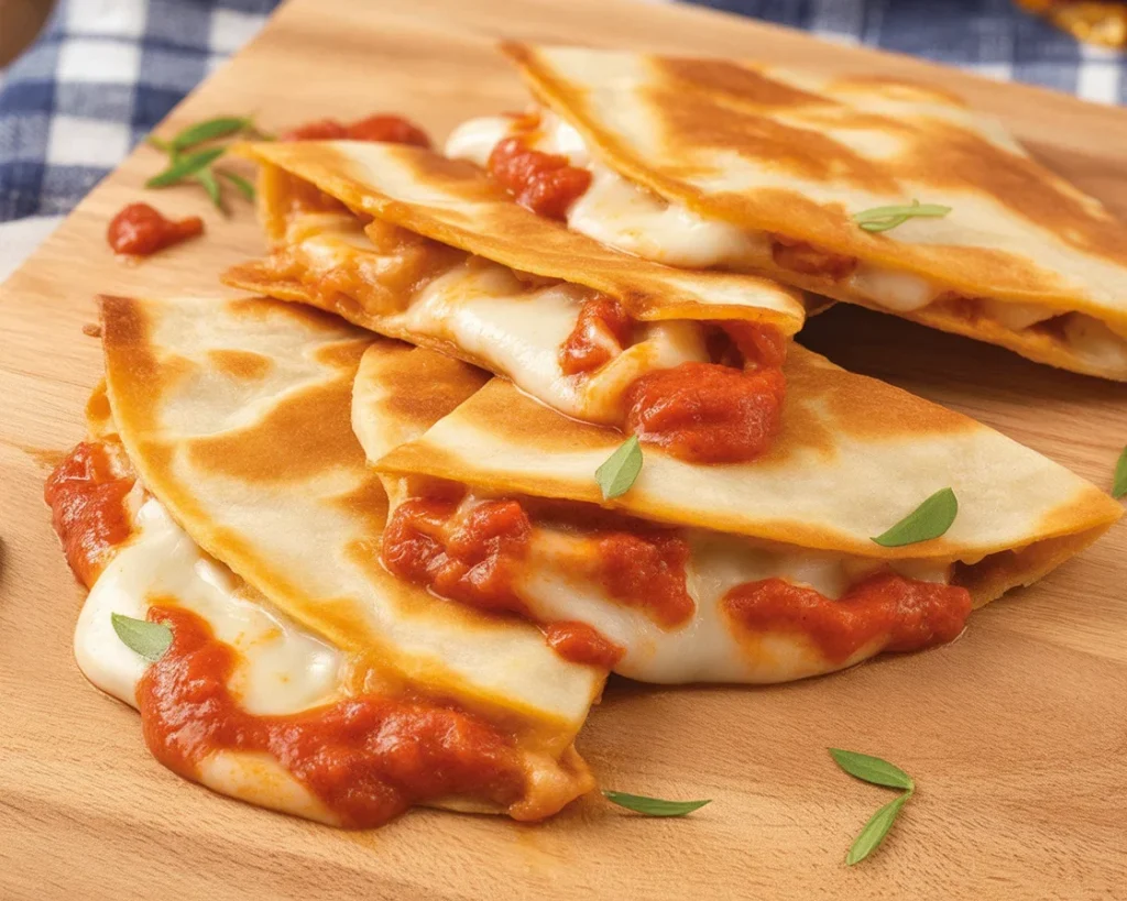 Delicious quesadilla pizza made with cheese, pepperoni, and tortillas in a skillet.