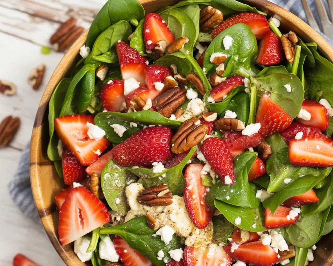 Fresh spinach strawberry salad with feta and candied pecans, drizzled with poppy seed dressing.