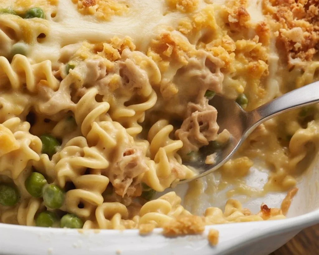 Delicious and creamy tuna noodle casserole with egg noodles, tuna, and peas baked to perfection.