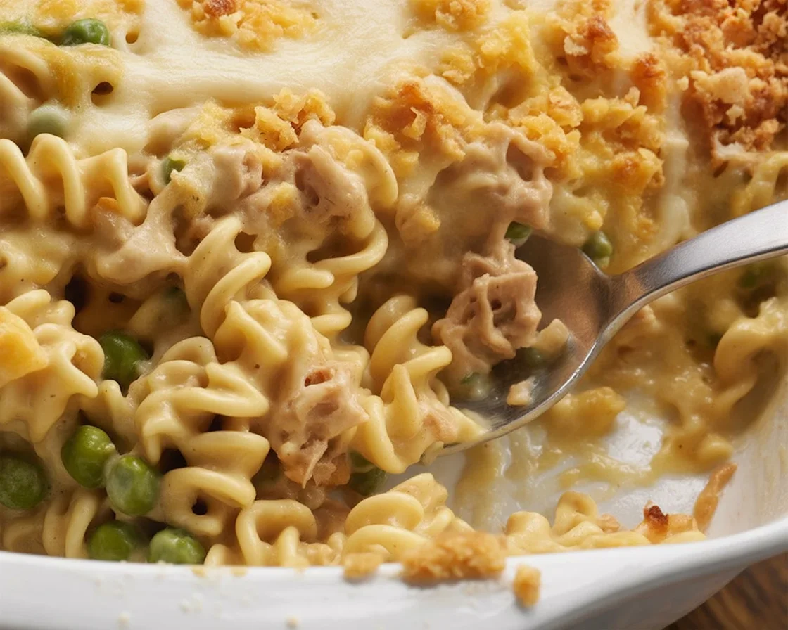 Delicious and creamy tuna noodle casserole with egg noodles, tuna, and peas baked to perfection.