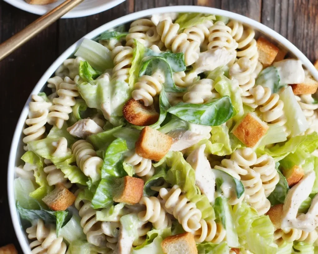 Delicious Chicken Caesar Pasta Salad with rotini, chicken, romaine, and Caesar dressing.