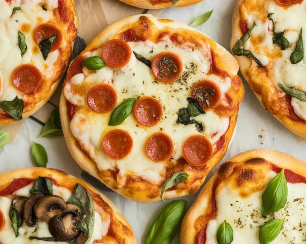 Delicious English muffin pizza topped with cheese and fresh ingredients on a baking sheet.