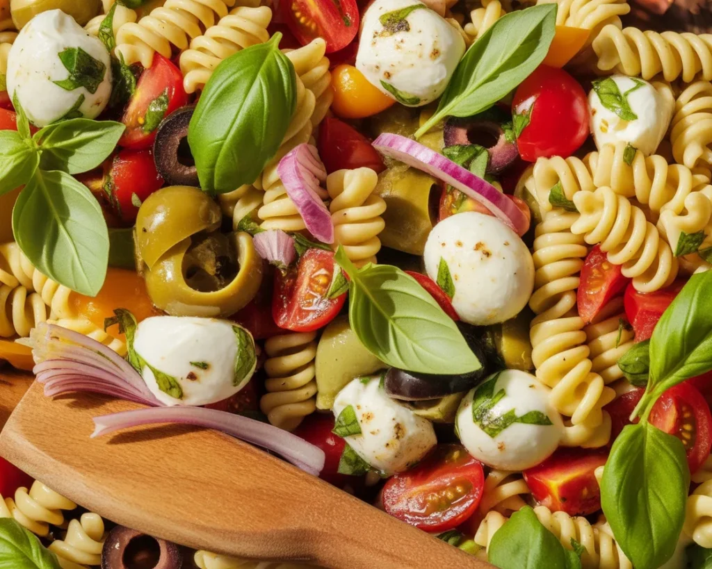 Delicious Italian pasta salad with tomatoes, cheese, and zesty dressing.